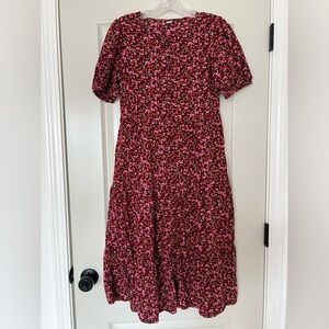 Old Navy Burgundy Floral Puff Sleeve Button Front Midi Dress
